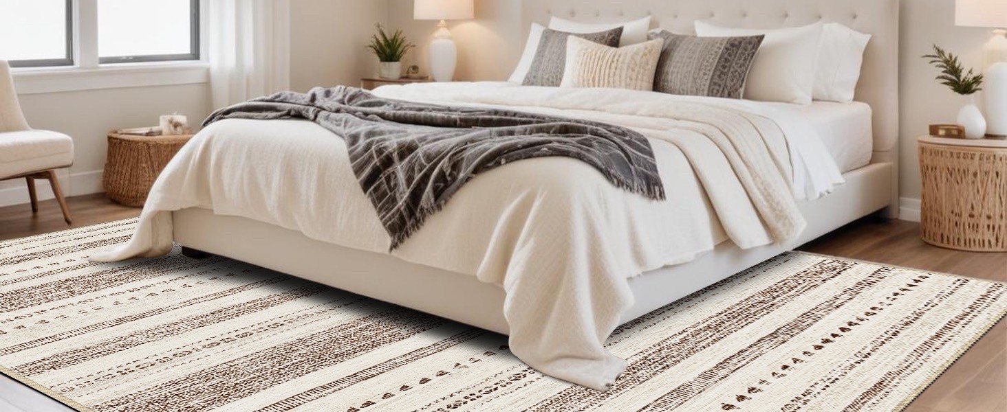 Washable Moroccan Area Rug, Non-Slip Farmhouse Geometric Carpet, Brown, 5’x7′