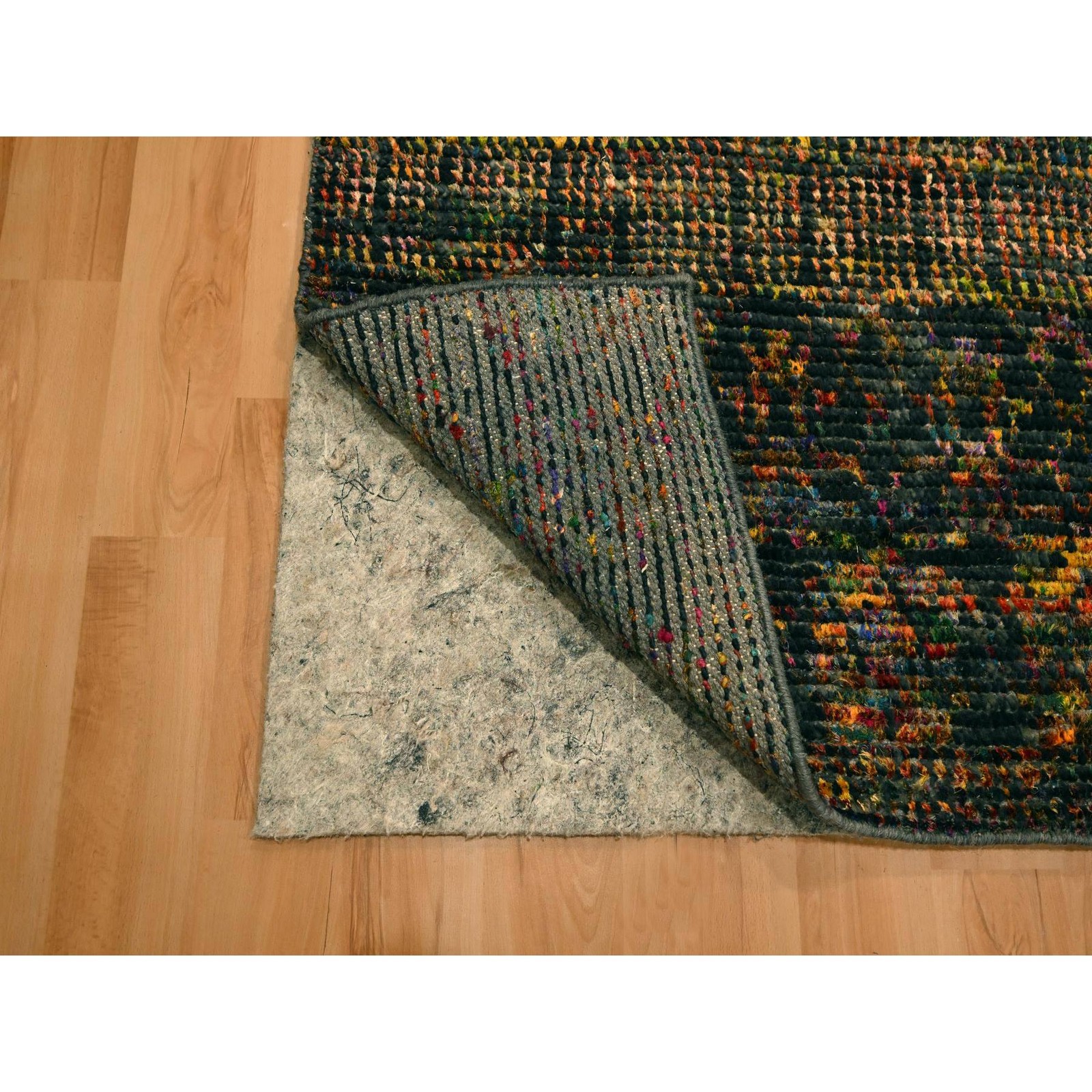 2’6″ x 11′ Black Sari Silk and Wool Striae Design Hand Knotted Runner Rug R76206