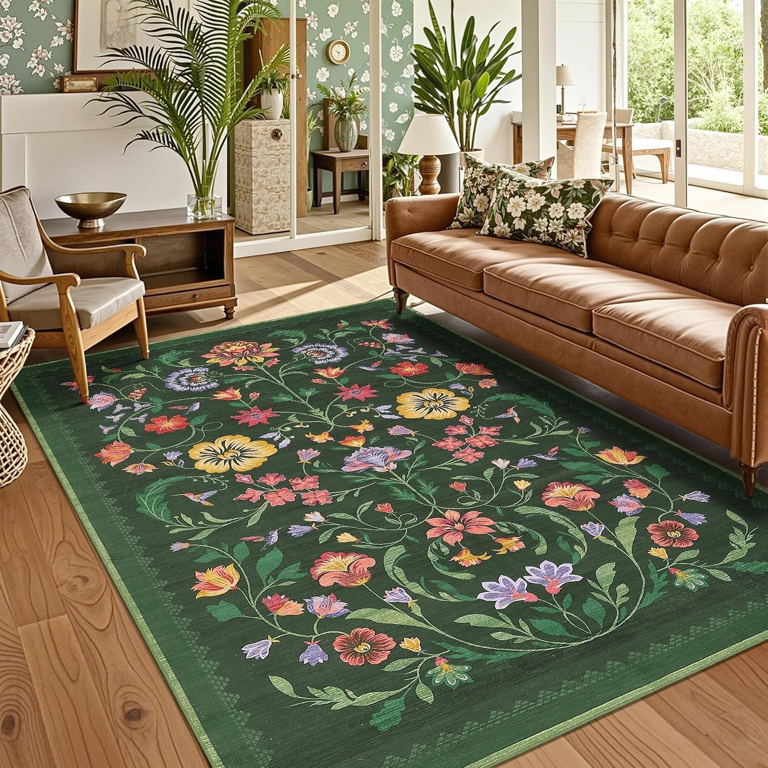 Washable Rug 9×12 Area Rugs for Living Room, Protea Floral Rug for Bedroom, Soft