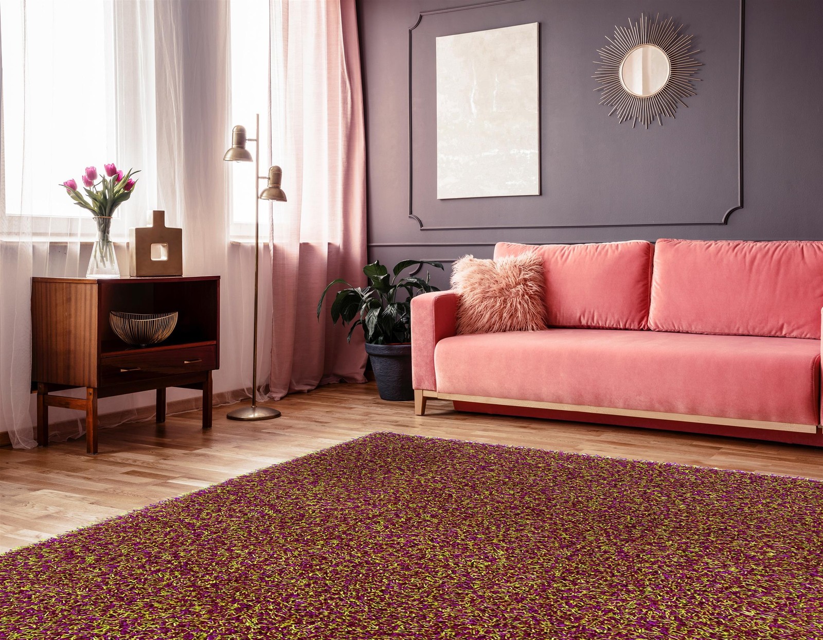 Linon Confetti Shag Polyester 8’x10′ Rug in Pink and Green