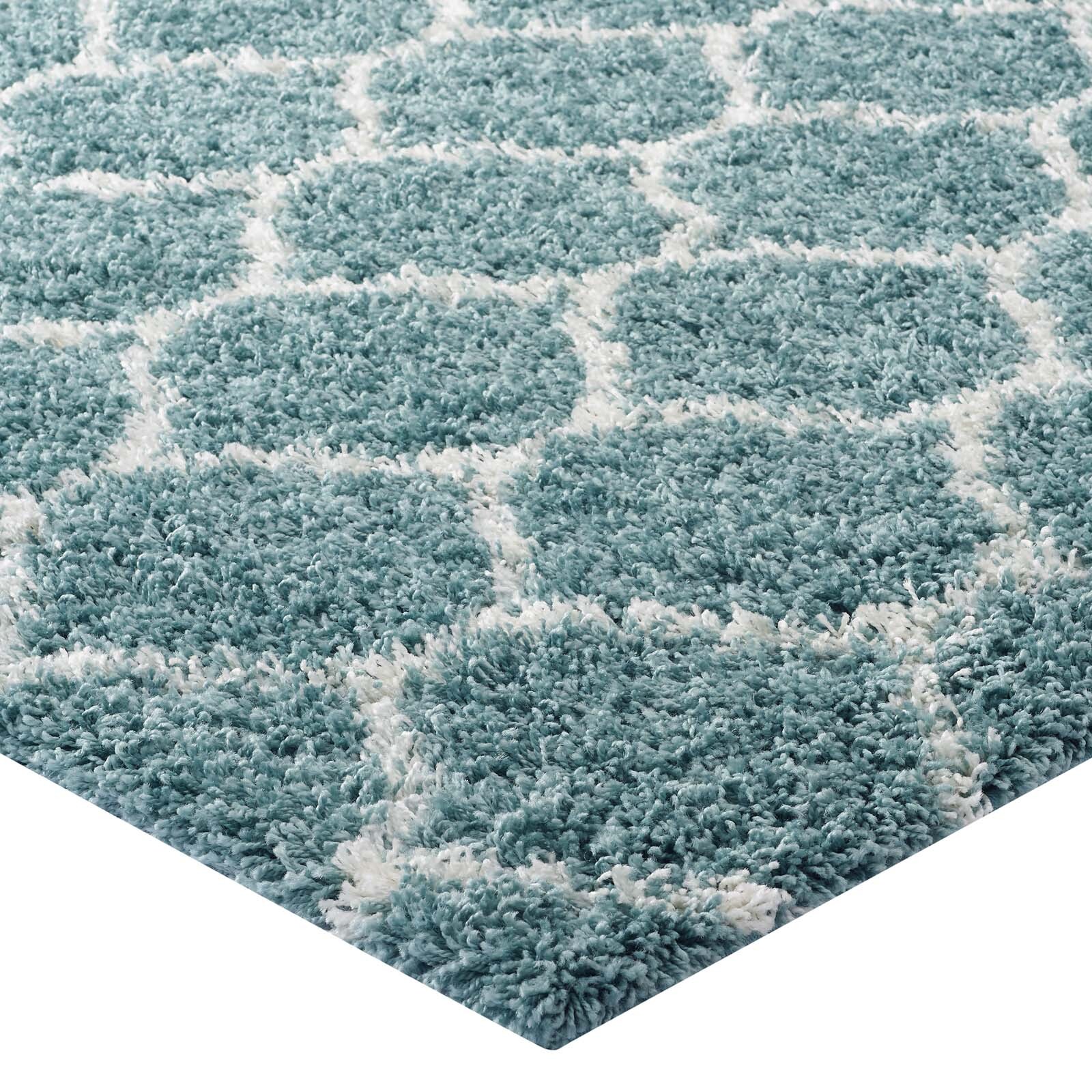 Modway Solvea Moroccan Trellis 8×10 Shag Area Rug in Aqua Blue and Ivory