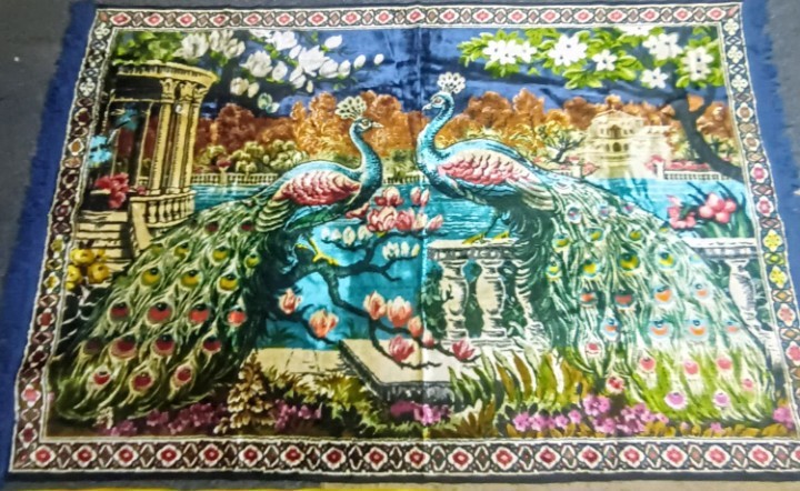 Rare Vintage Blue Peacock Garden Tapestry Rug Floral Twin Peacocks Morocco New