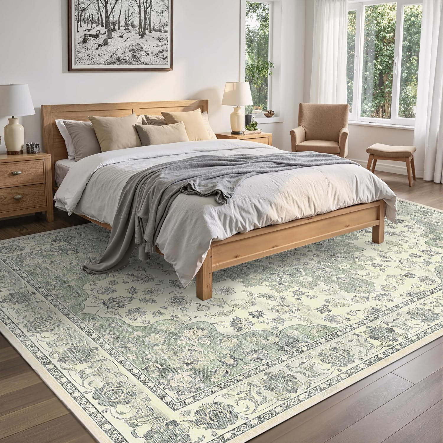 5X7 Non-Slip Washable Livingroom Vintage Area Rug, Sage Green | Water Resistant,