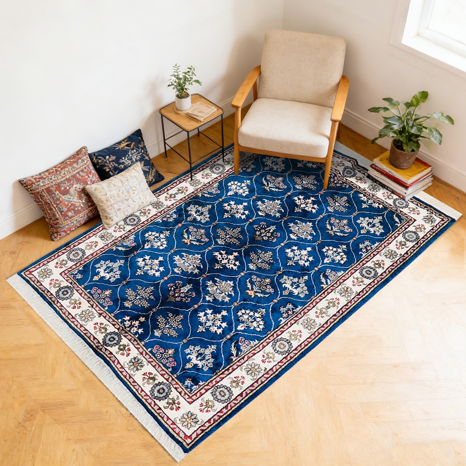 Zhiyi 4x6ft Handmade Silk Area Rug Blue Hand-knotted All Over Office Carpet 258C