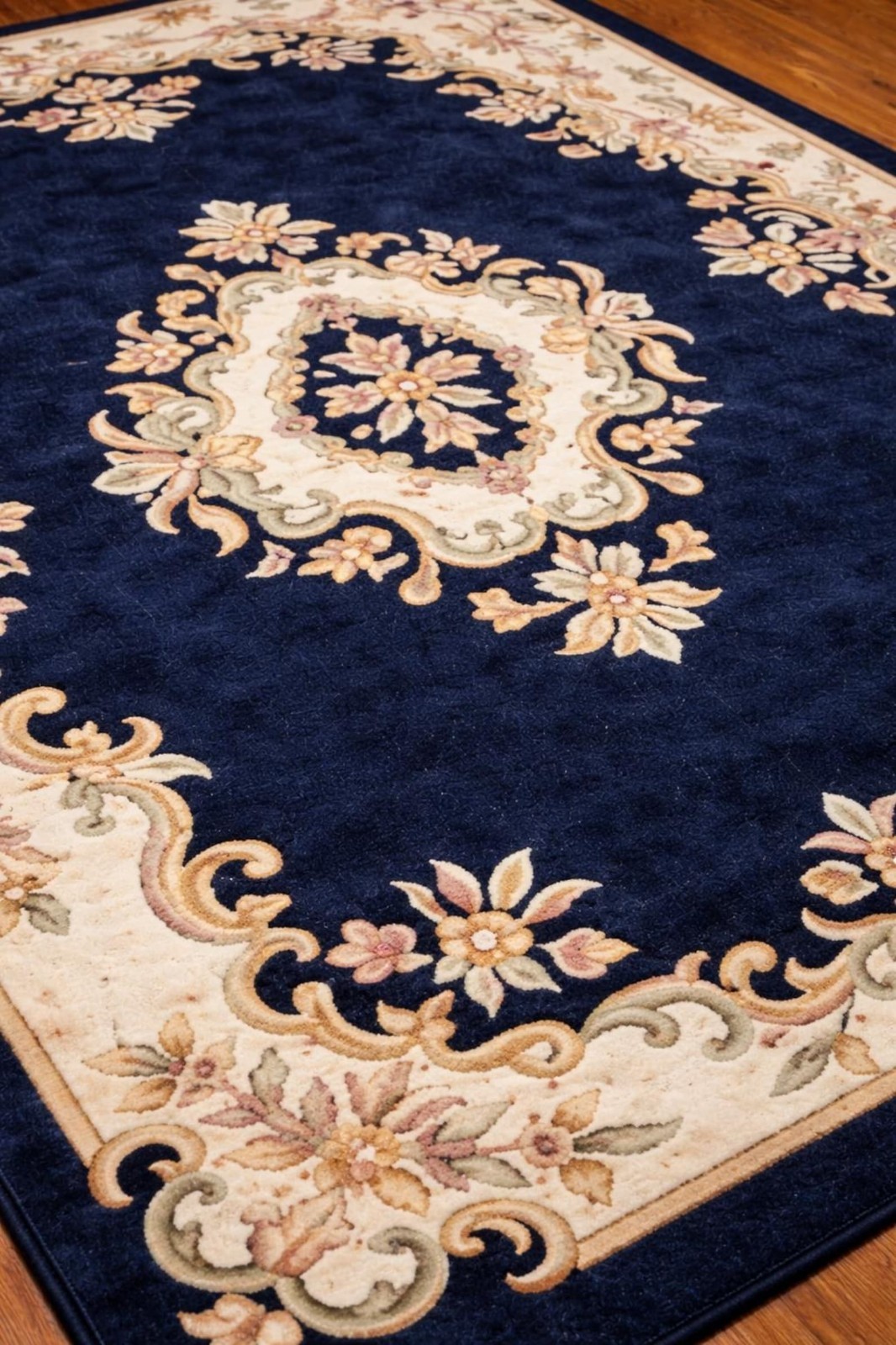 Dark Blue Ivory Rug Hand Tufted Wool Area Rug Navy Floral Medallion Carpet Rug