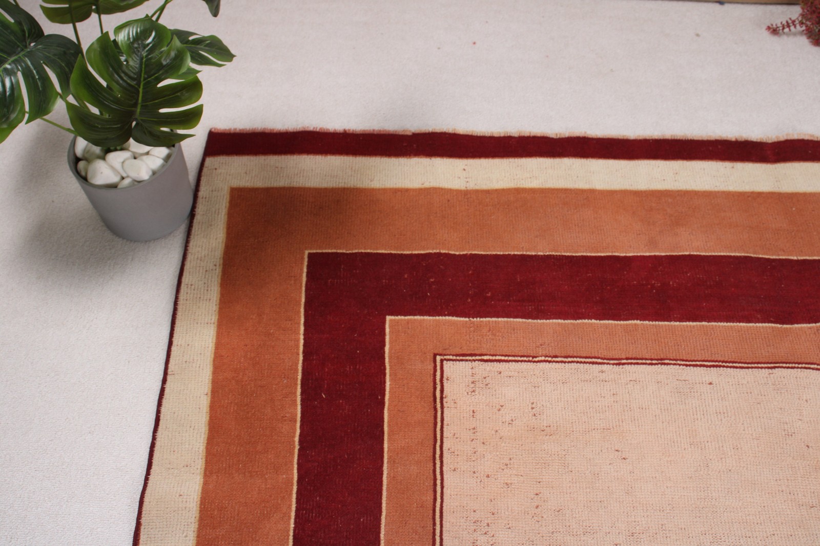 Turkish Rug 6,4×10 ft, Brown Red Striped Wool Vintage Rug