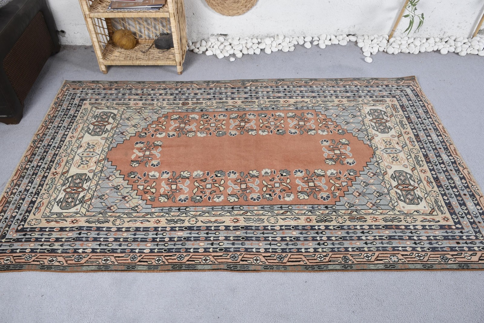 4,2×6,8 ft Vintage Rug, Brown Abstract Turkish Rug Wool