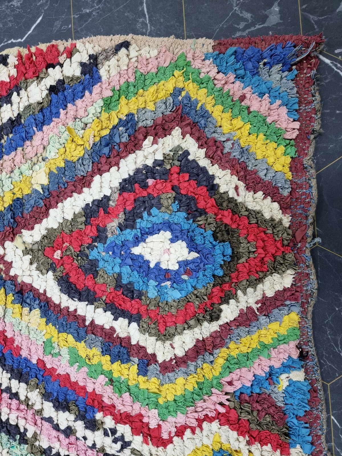 Moroccan Handmade Vintage Boucherouite Rug 3’5”x4’1” Geometric Pink Cotton Rug