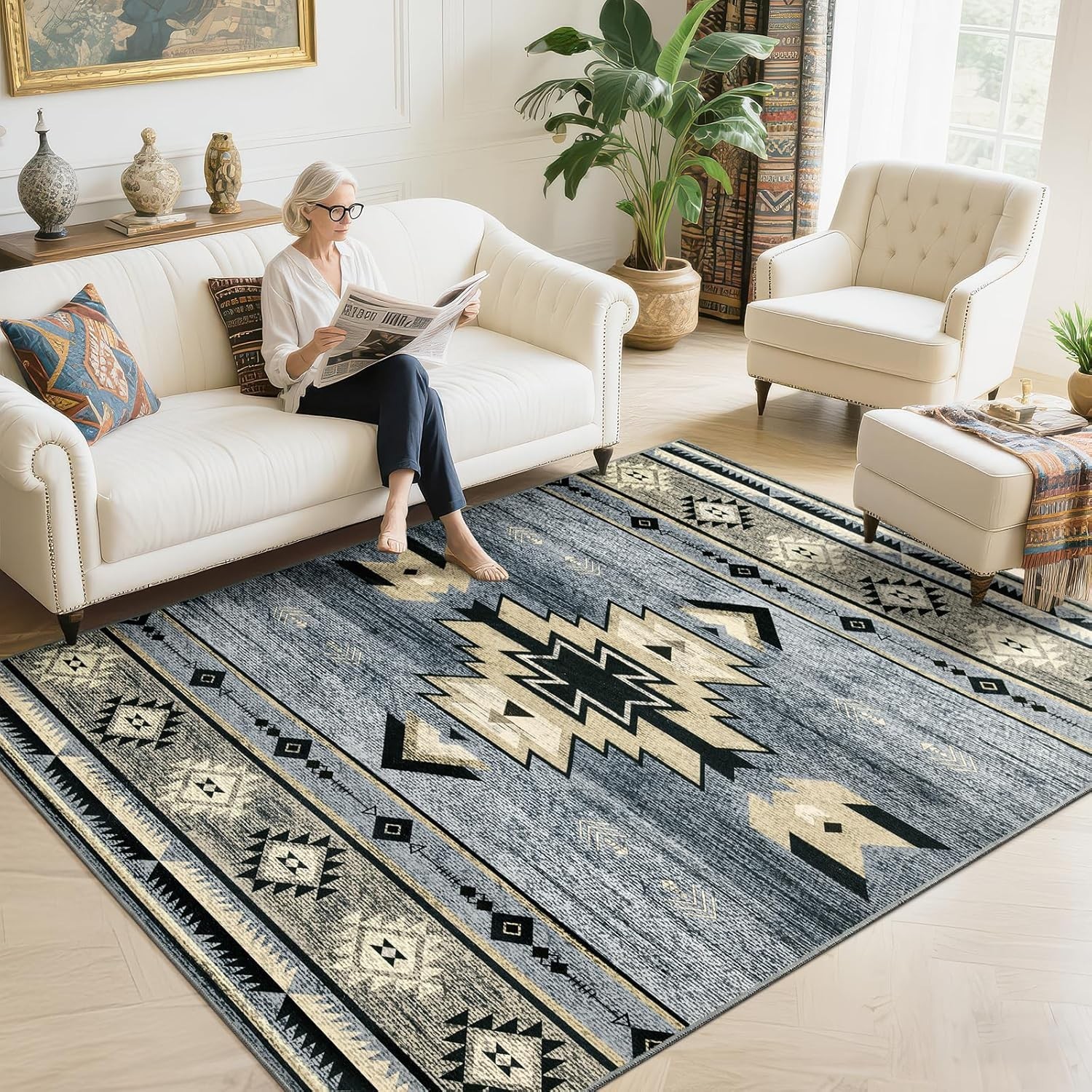 Southwest Style Area Rug, Non Slip Grey Rug 5ft x 7ft