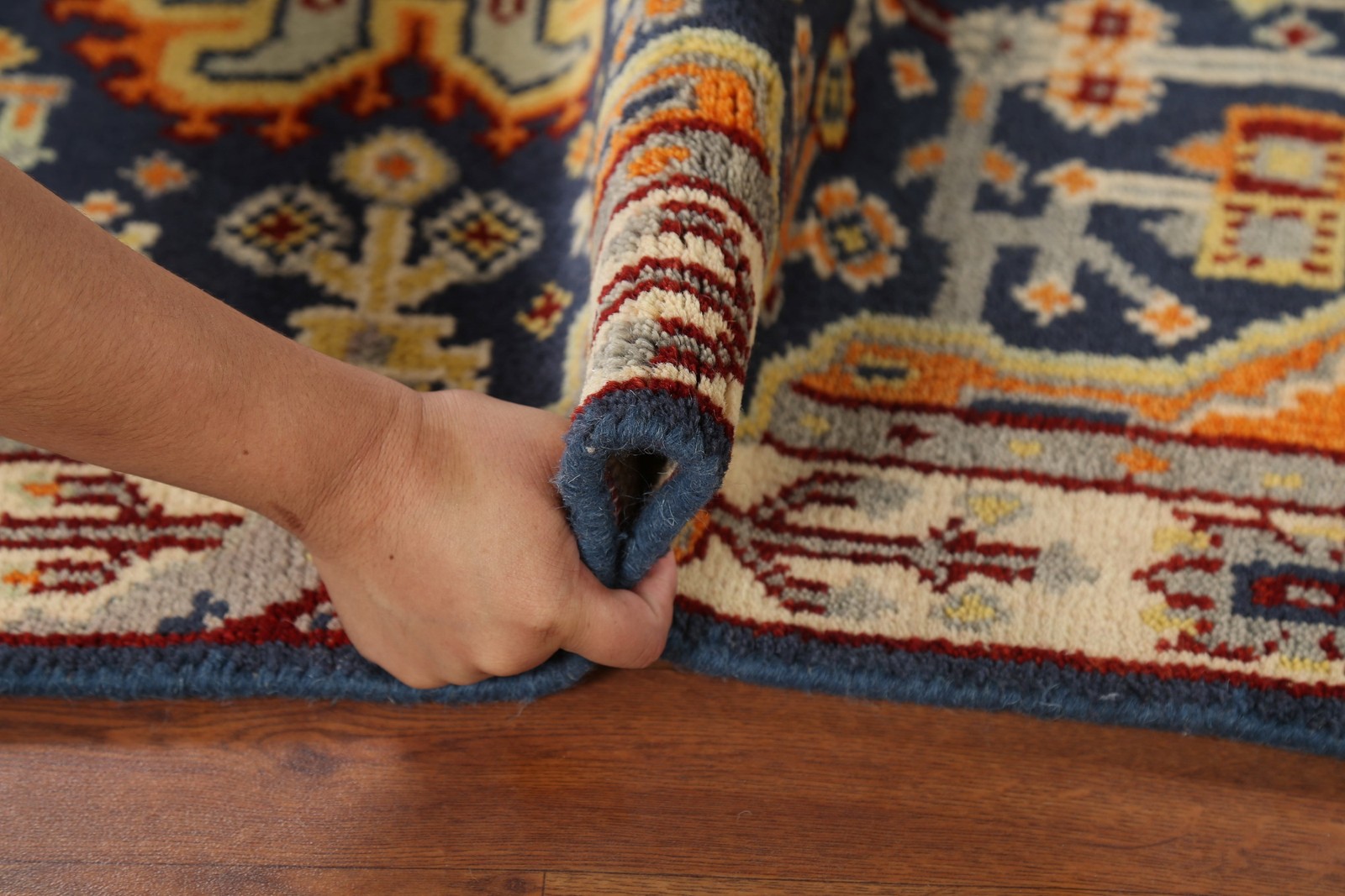 Blue Geometric Kazak Accent Rug 3×5 Hand-knotted Wool Oriental Carpet for Foyer