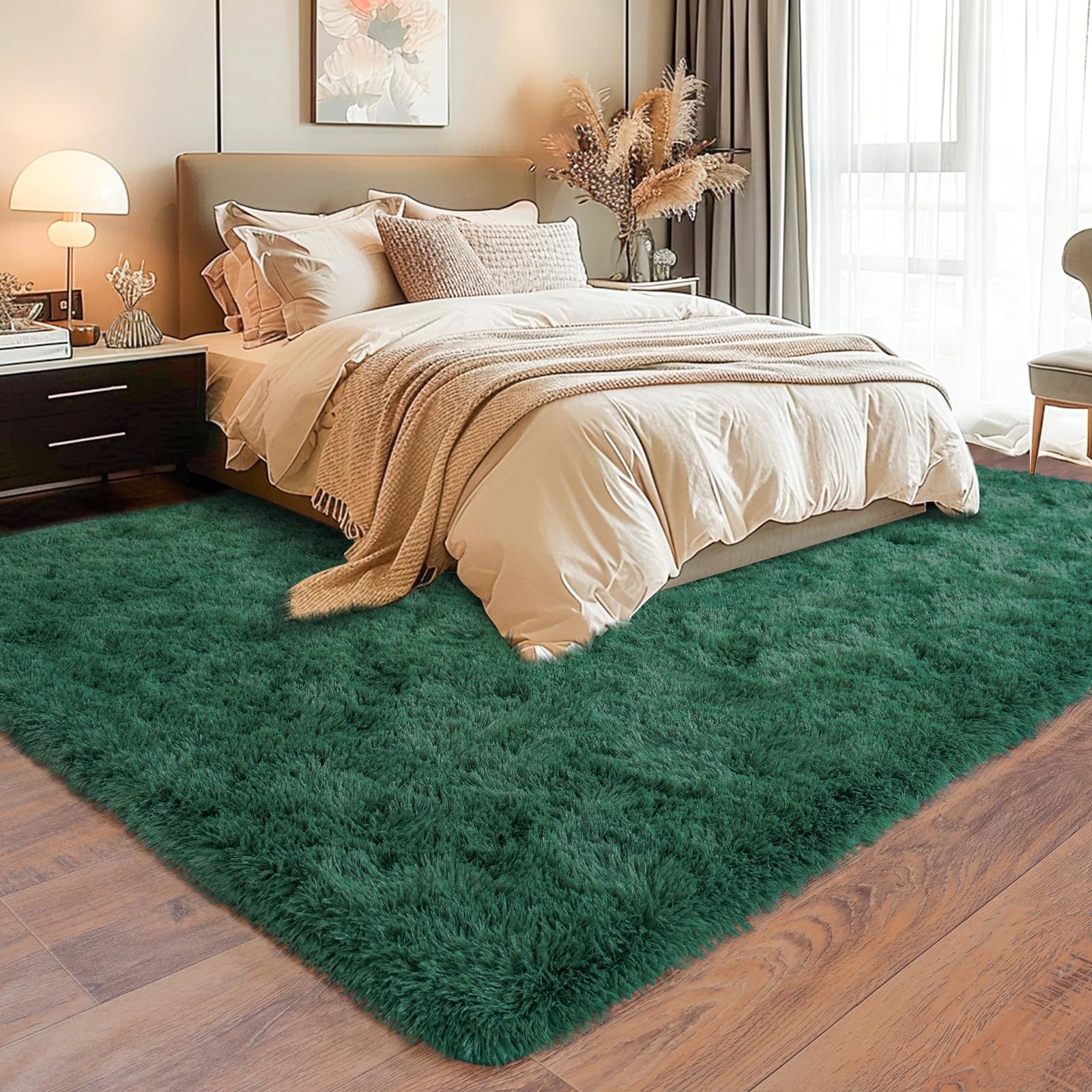 Dssimo Super Soft Area Rugs for Living Room, 4×6 Feet Modern Shag Dark Green …