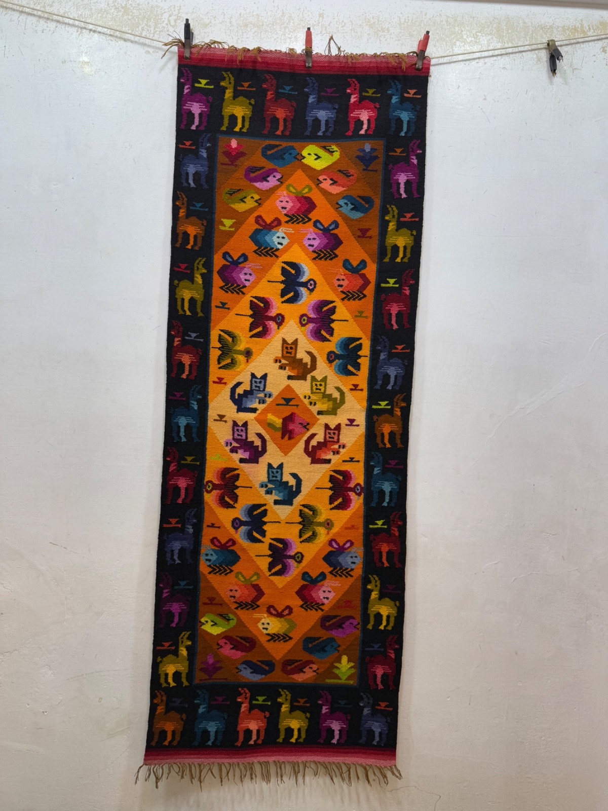 Vintage Fabulous Hand Woven Peruvian Wool Weaving Tapestry Kilim Rug Floor Area