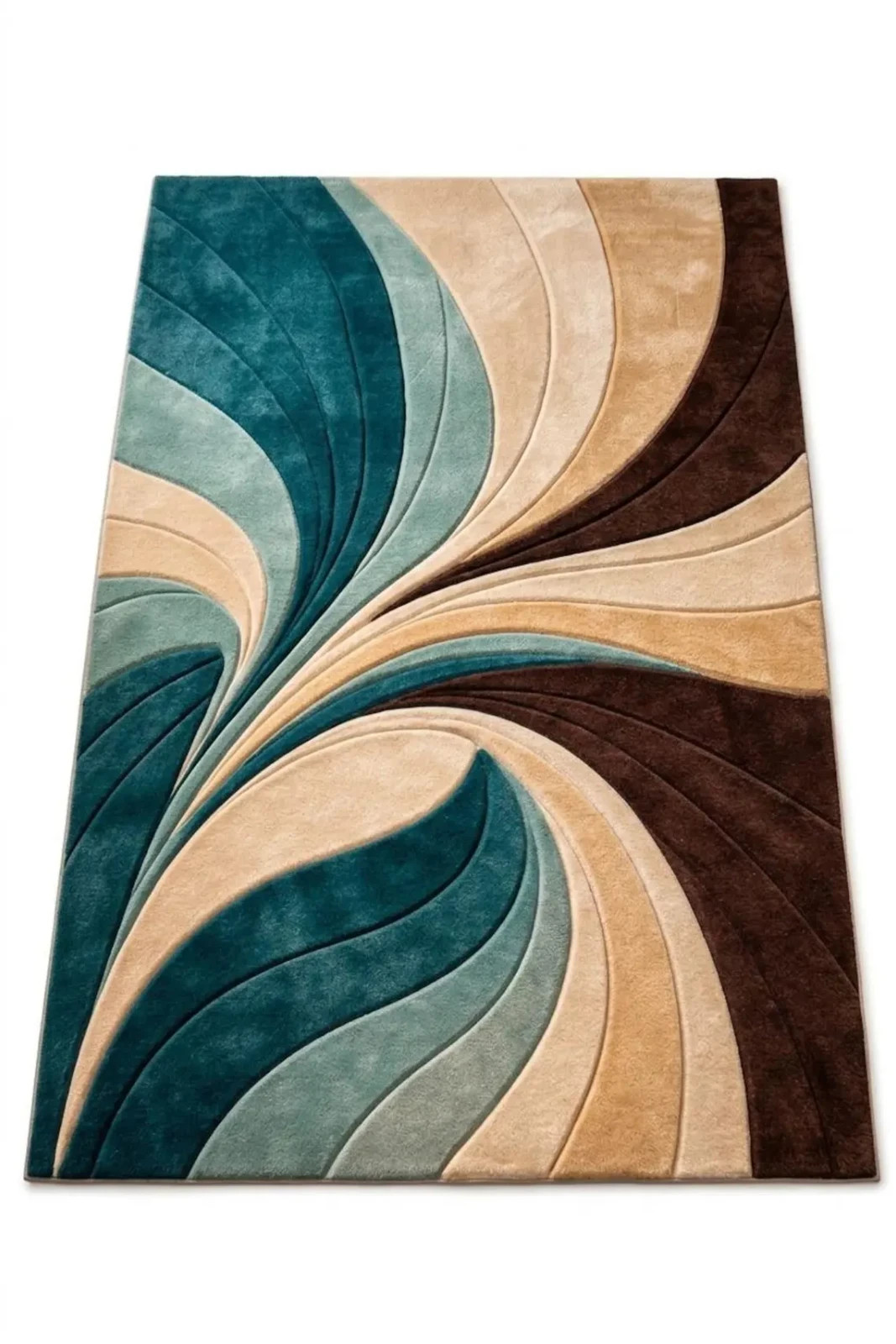 Luxury Hand Tufted Wool Rug Teal Blue Beige Brown Wave Swirl Carved Area Carpet