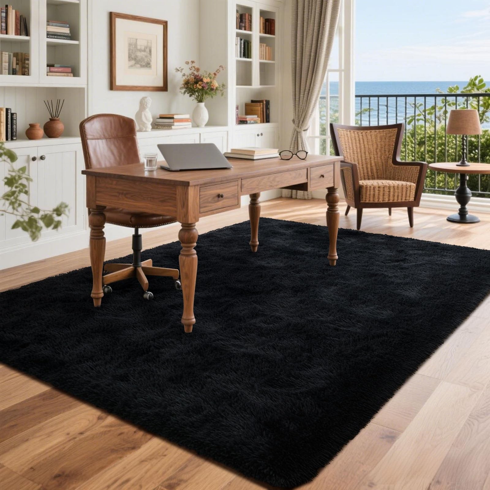 5X7 Black Area Rugs for Living Room, Large Fluffy Shag Bedroom Rugs Non-Slip, Ul