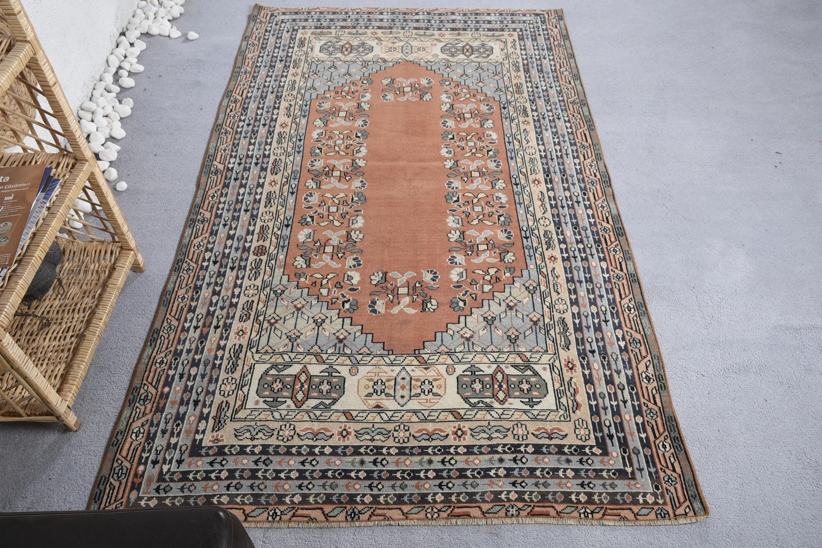 4,2×6,8 ft Vintage Rug, Brown Abstract Turkish Rug Wool