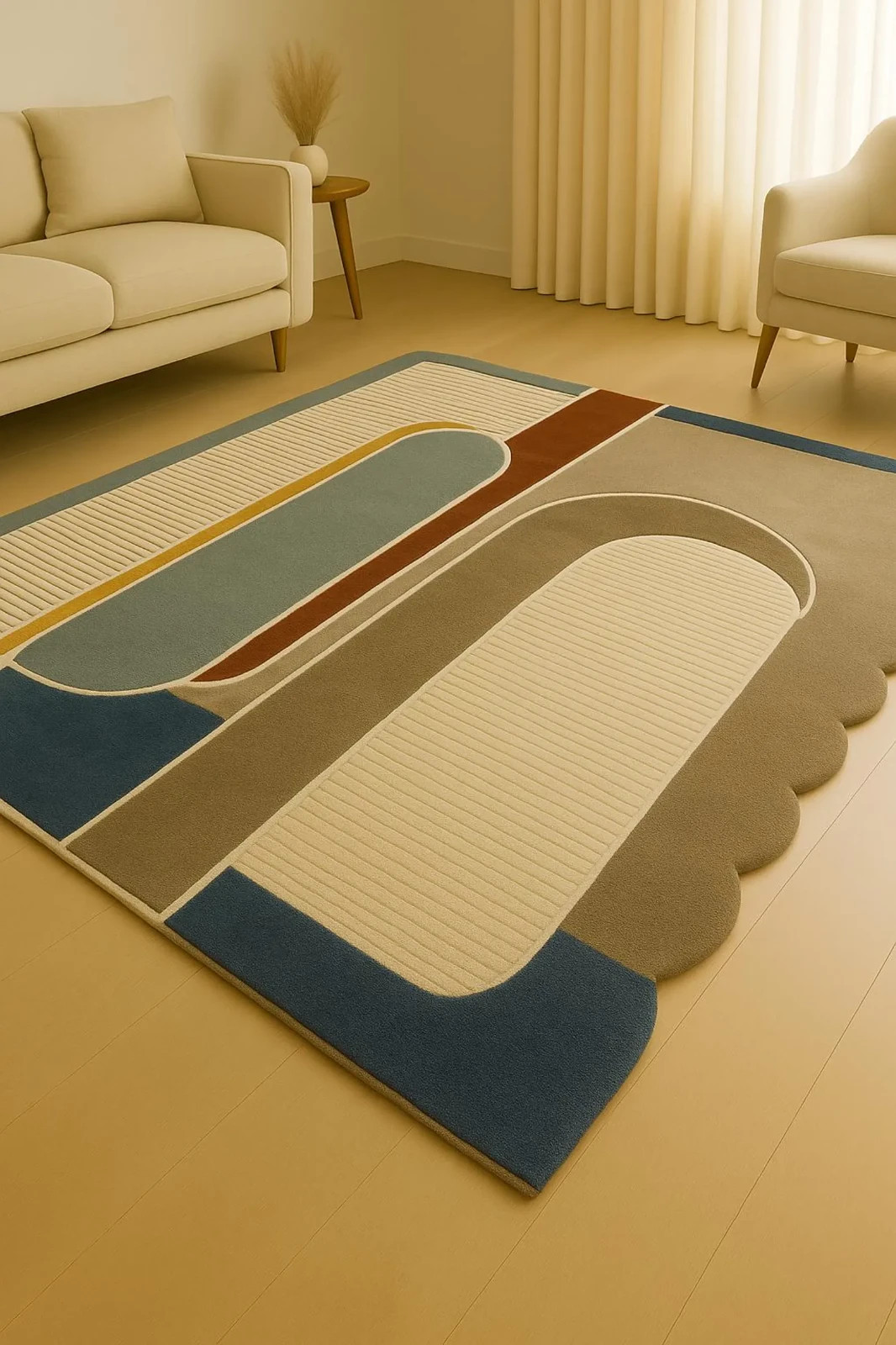 New Modern Hand Tufted Wool Geometric Rug: Mid-Century Modern Accent Carpet