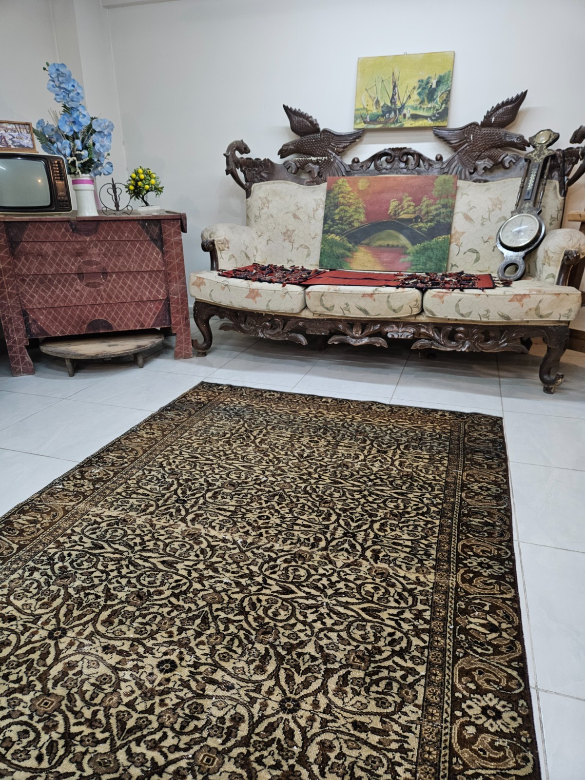 4.5 x 6.9 ft Vintage Turkish Carpet with Floral Pattern, Handmade Wool Carpet