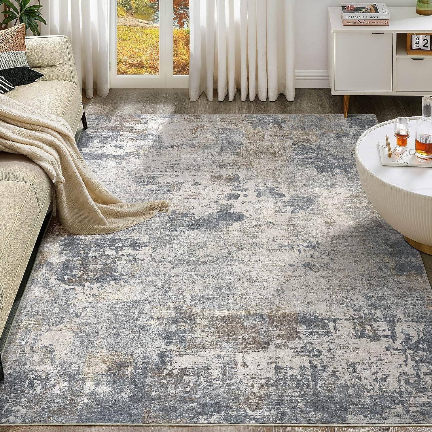 8×10 Area Rug Living Room Rugs – Washable Neutral Modern Abstract Soft Thin Larg