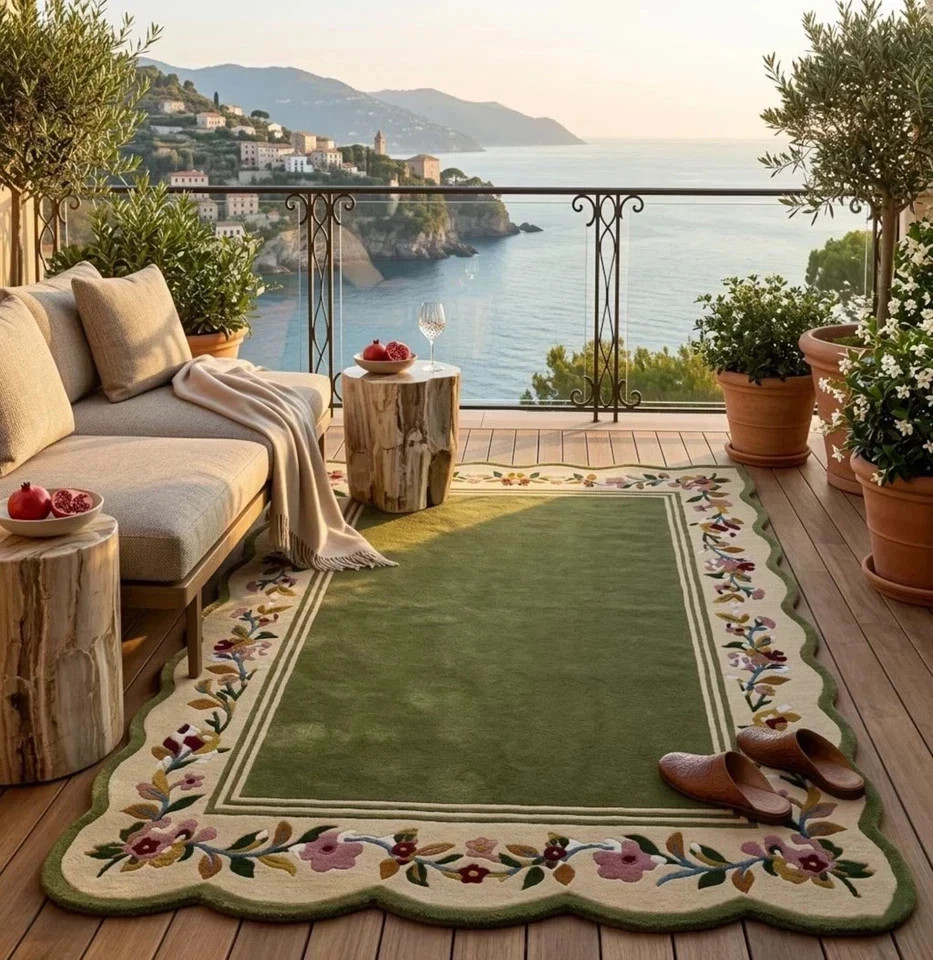 Luxury Hand Tufted Green Floral Border Area Rug – Premium Wool Carpet for Living