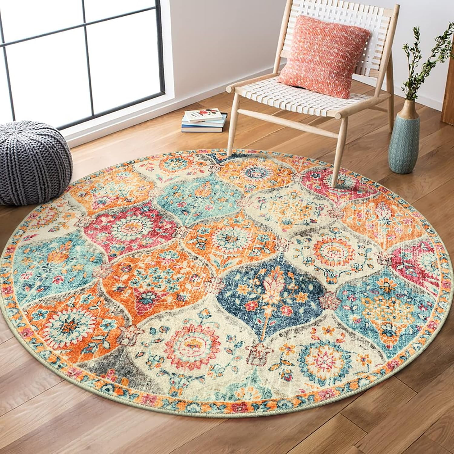 Moroccan Trellis Washable round Rugs, Non-Slip Soft round Rug 4Ft Ultra-Thin, Sm