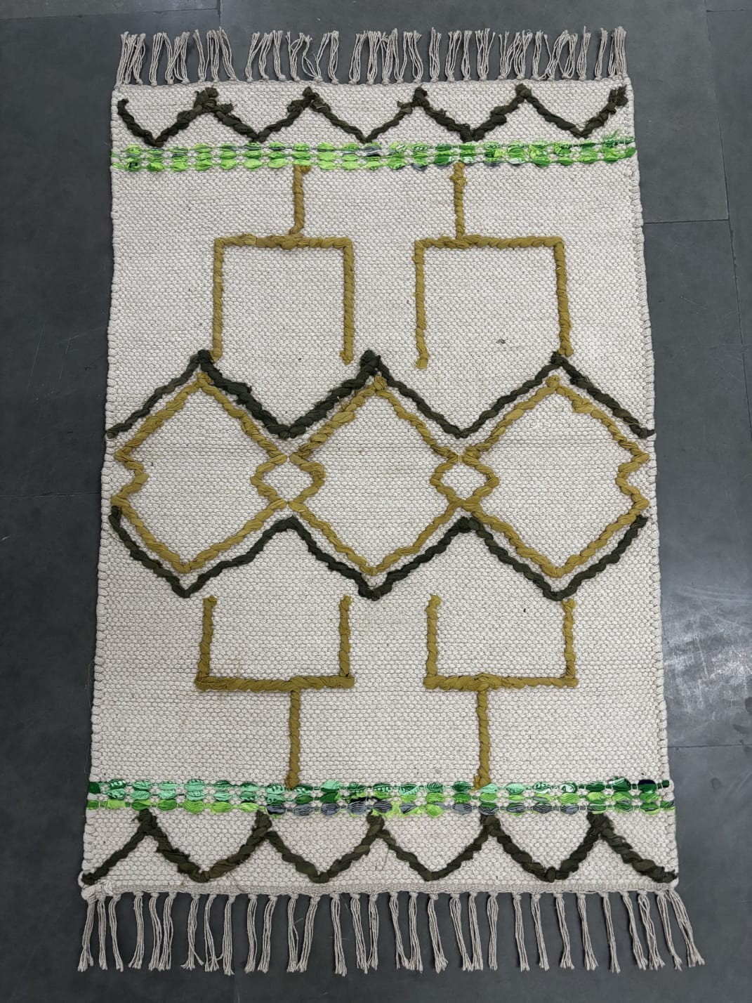 Handwoven Cotton Boho Area Rug 2x3fit Tribal Geometric Cream Green Entryway Rug
