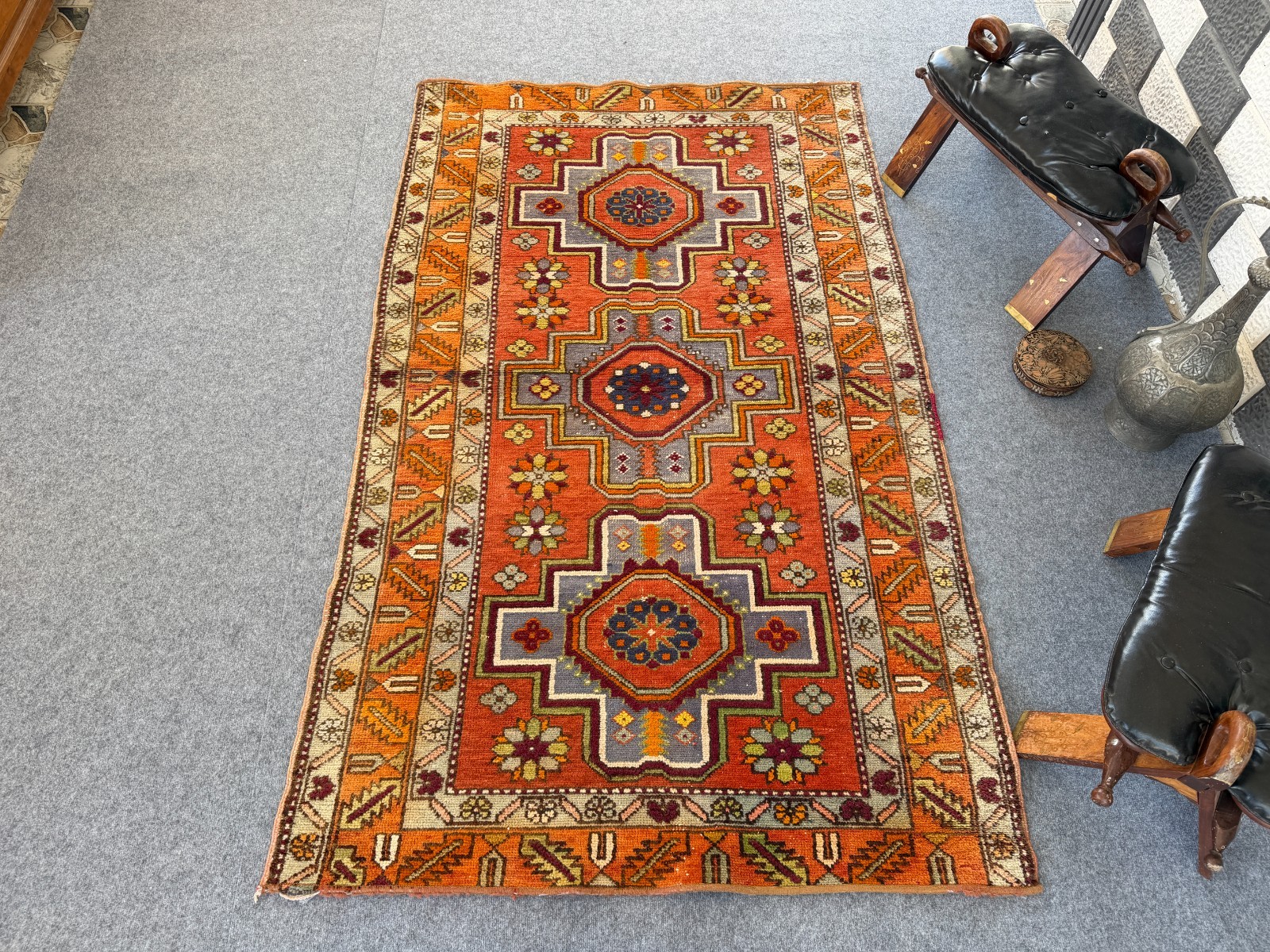Vintage Caucasian Rug 4×7 Handmade Wool Rug Geometric Tribal Medallion Kazak Rug