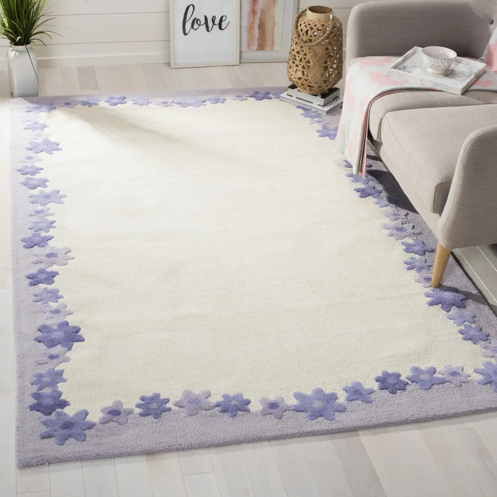 8×10 Modern Floral Border Area Rug Light Purple Lavender Cream Off-White Bedroom
