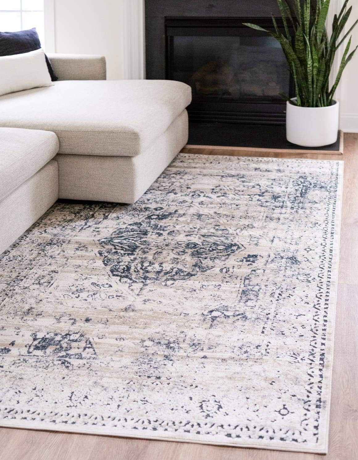 Chateau Collection Dark Blue/Beige Area Rug – 6’1″ x 9′ Rectangle