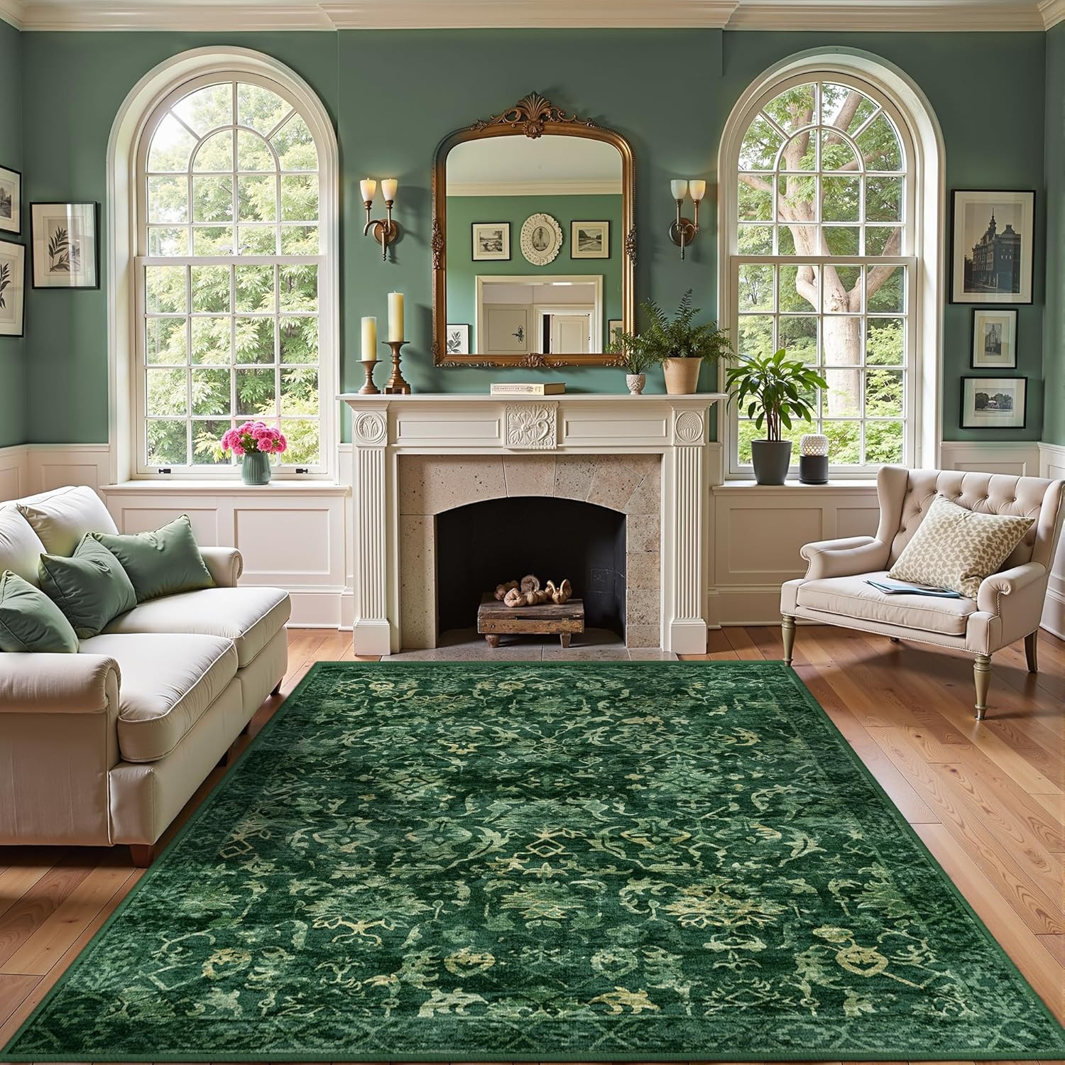 Dark Green Area Rugs 6X9 for Living Room, Washable Vintage Rugs for Bedroom, Dis