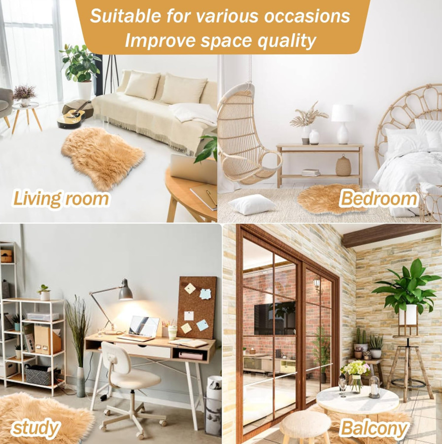 Beige Faux Sheepskin Rug 2×3 Soft Fluffy Area Rug Fur Carpet for Bedroom Chair
