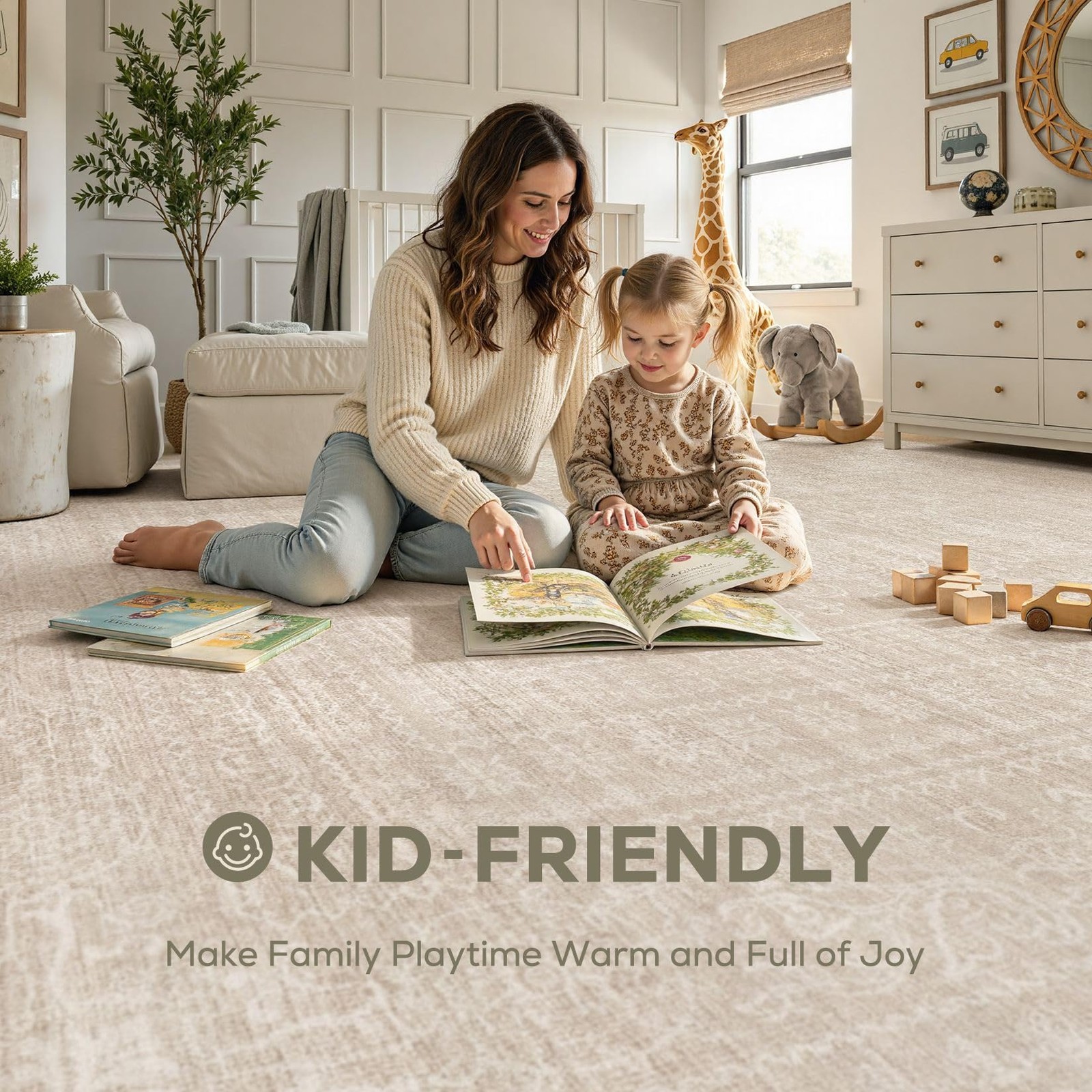 Area Rug 8×10 Washable Soft Non-Slip Vintage Beige – Stain Resistant Indoor