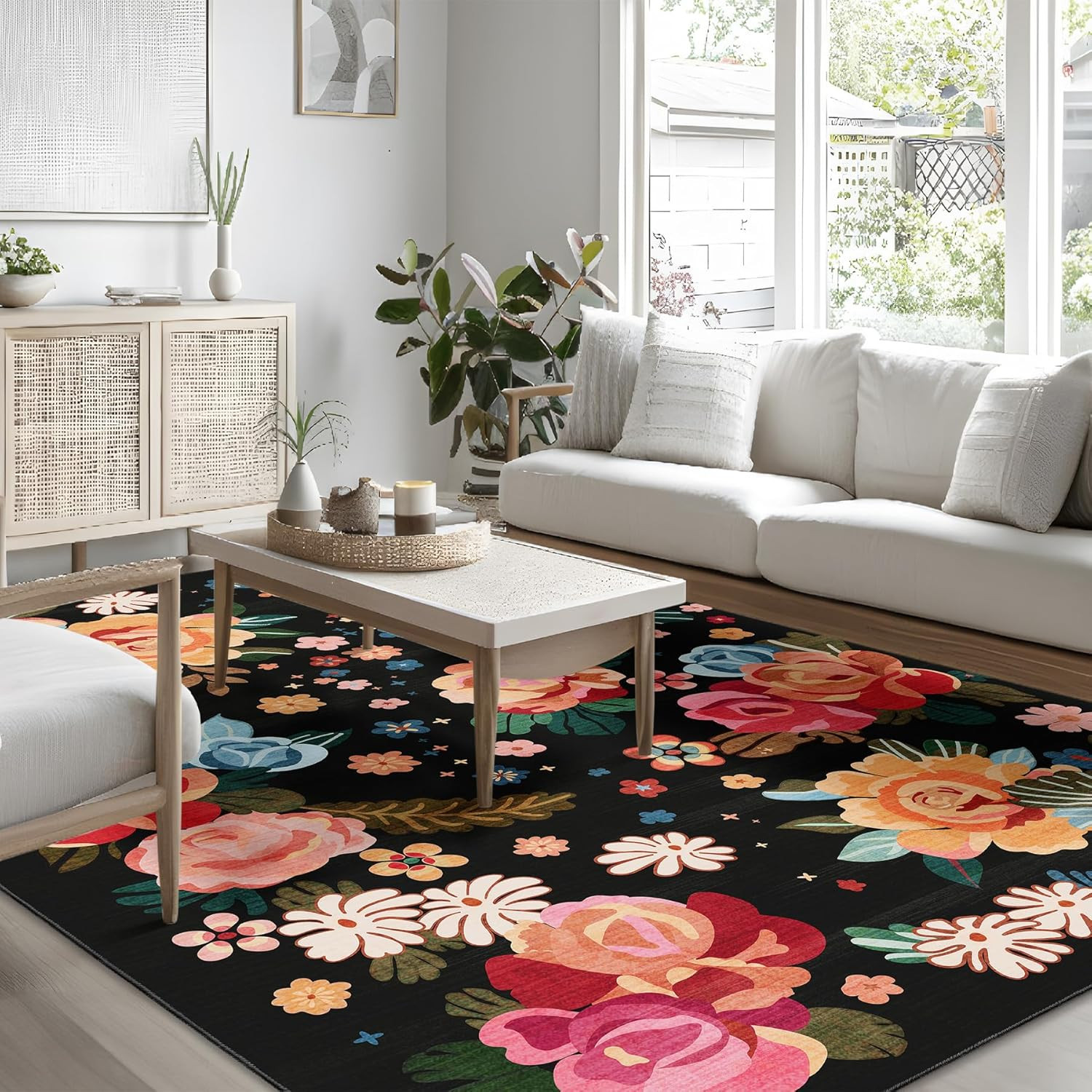 Large Boho Floral 8×10 Washable Area Rug for Living Room & Bedroom