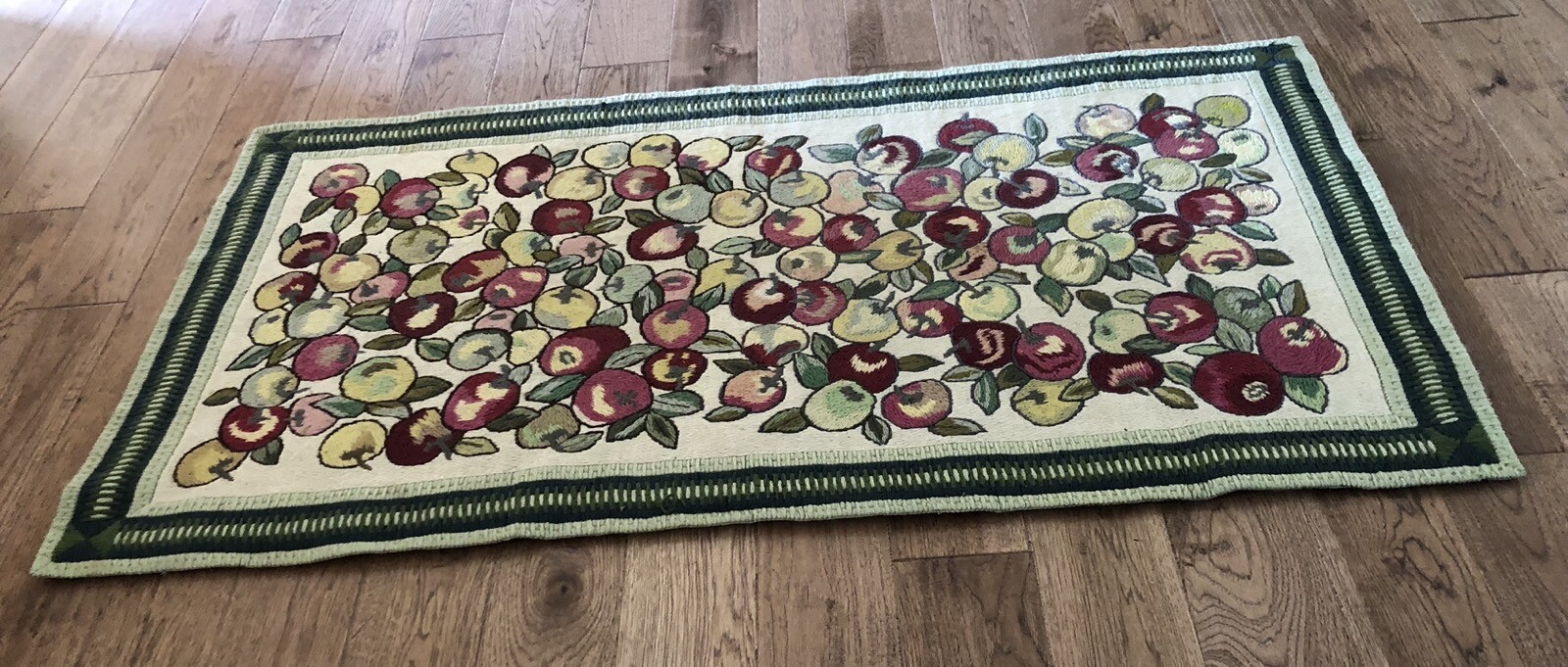 Vintage Hand Made Embroidered Needlework Rug with Fruits Field and Green Border