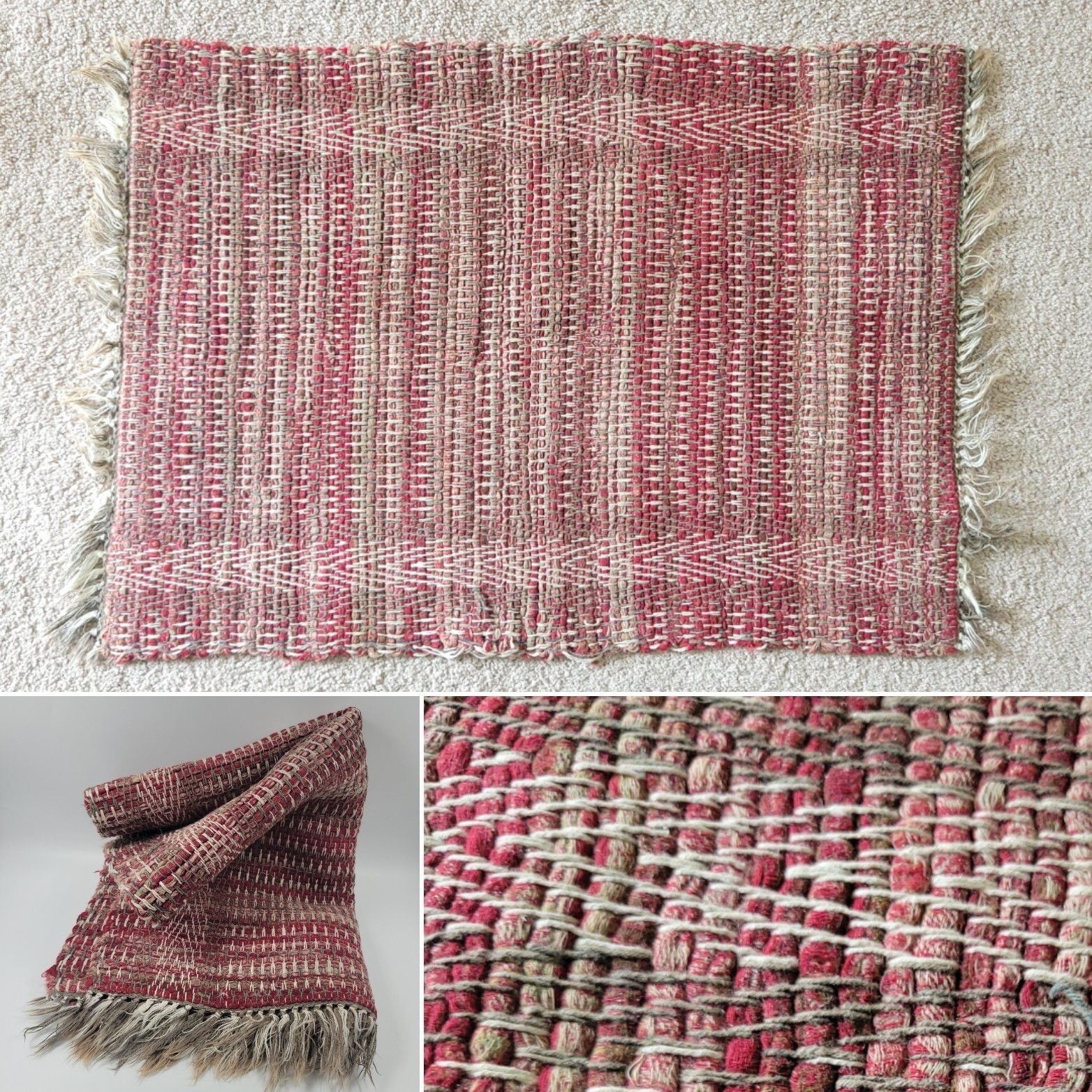 VTG Sweedish Handmade Cotton Rag Rug 22″ X 31″ Fringe Red Brown Striped