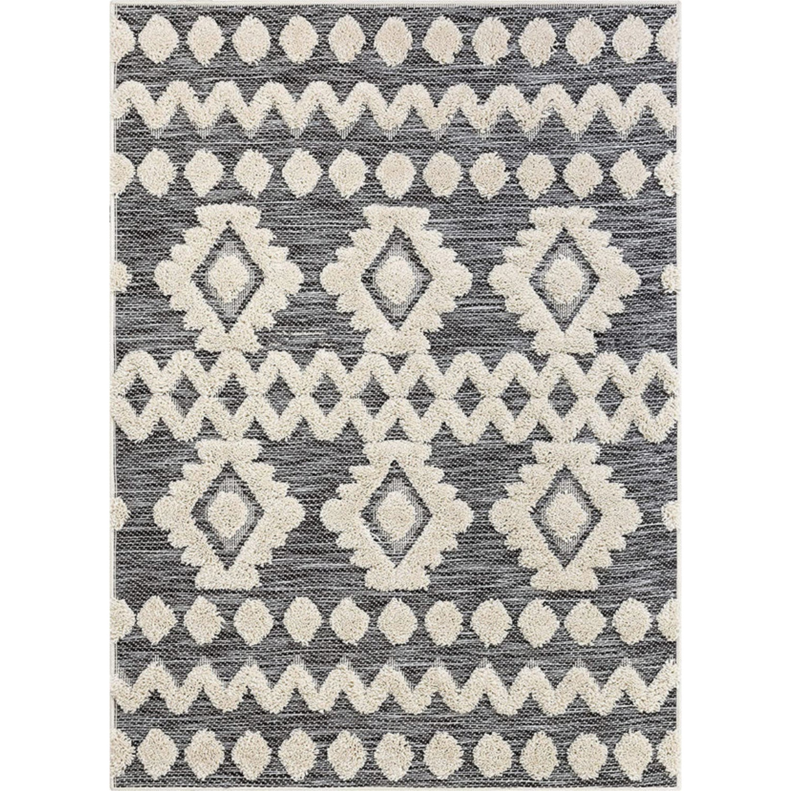 Hand Knotted Wool Area Rug Black Ivory Geometric Tribal Diamond Pattern
