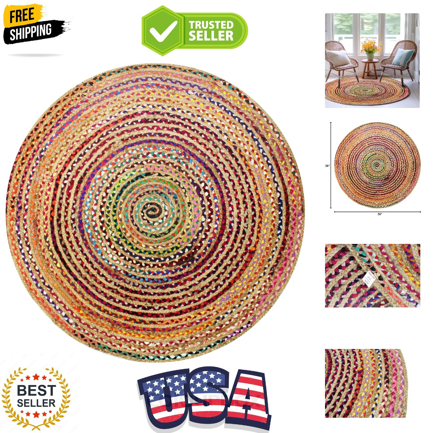 Jute Cotton Chindi Braid Rag Rug – Boho Farmhouse Rustic – Handwoven Reversib…
