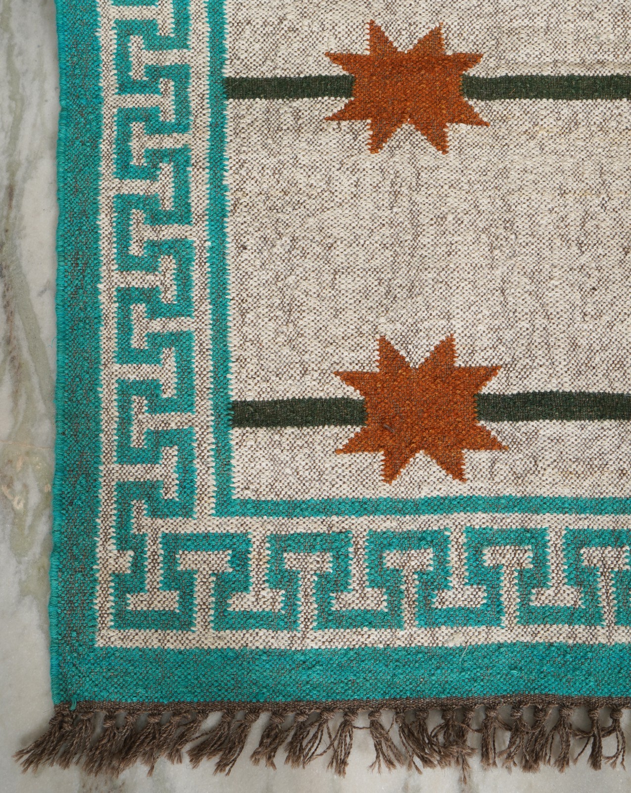 Handmade Area Rug Turquoise, Rust Brown & Natural Ivory Starburst Geometric Rugs