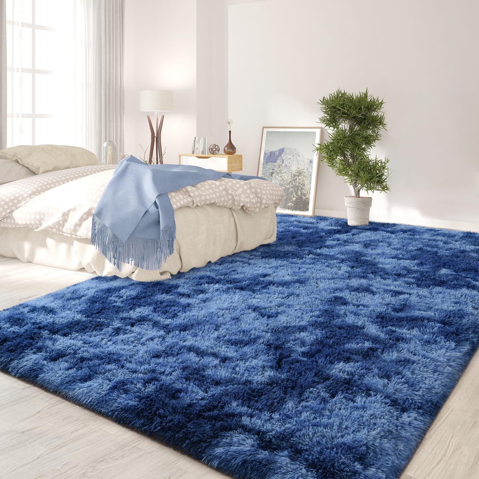 Flydoit 6X9 Feet Large Area Rugs For Living Room Tie-Dyed Navy Blue Shaggy Rug