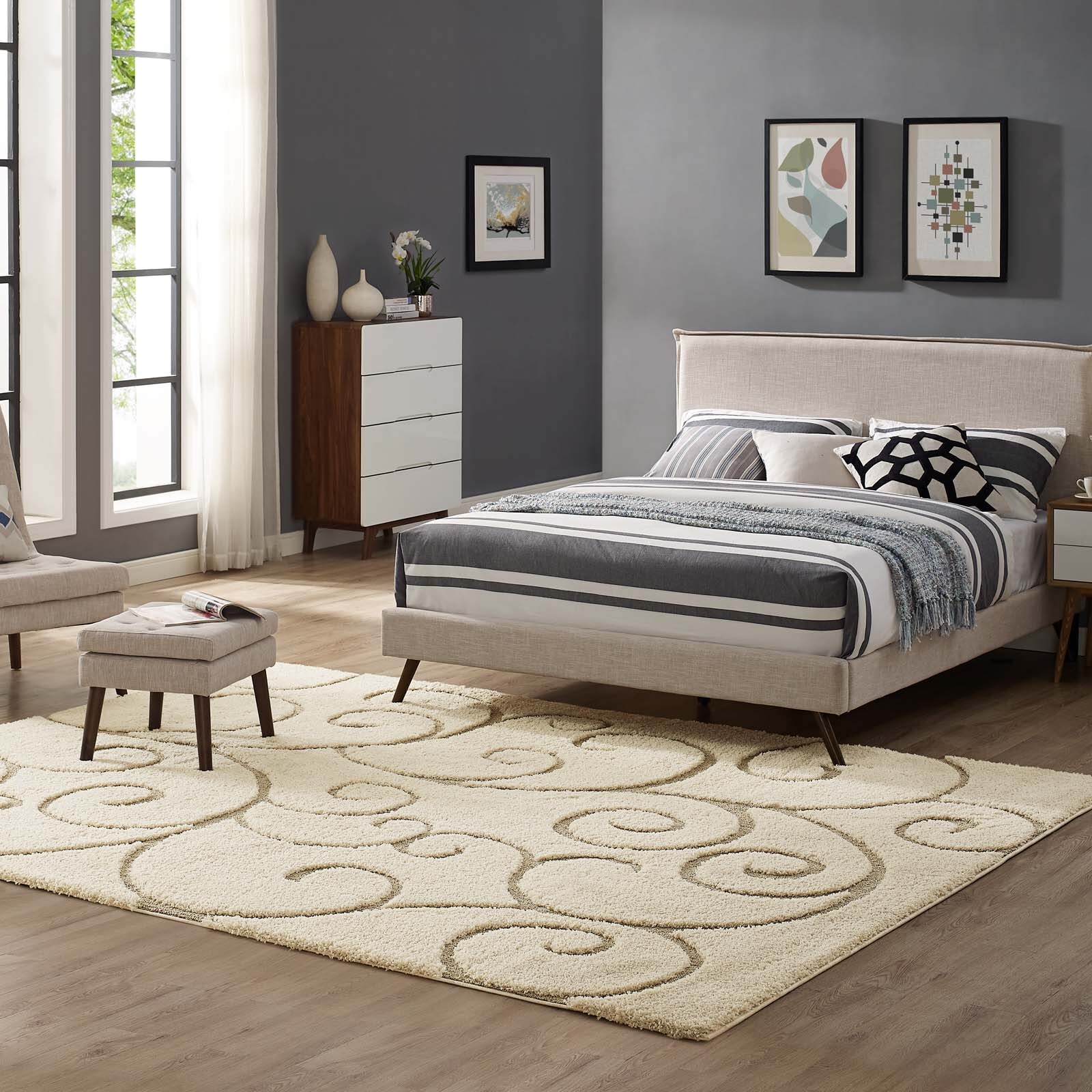 Modway Jubilant Burgeon Scrolling Vine 5×8 Shag Area Rug in Creame and Beige