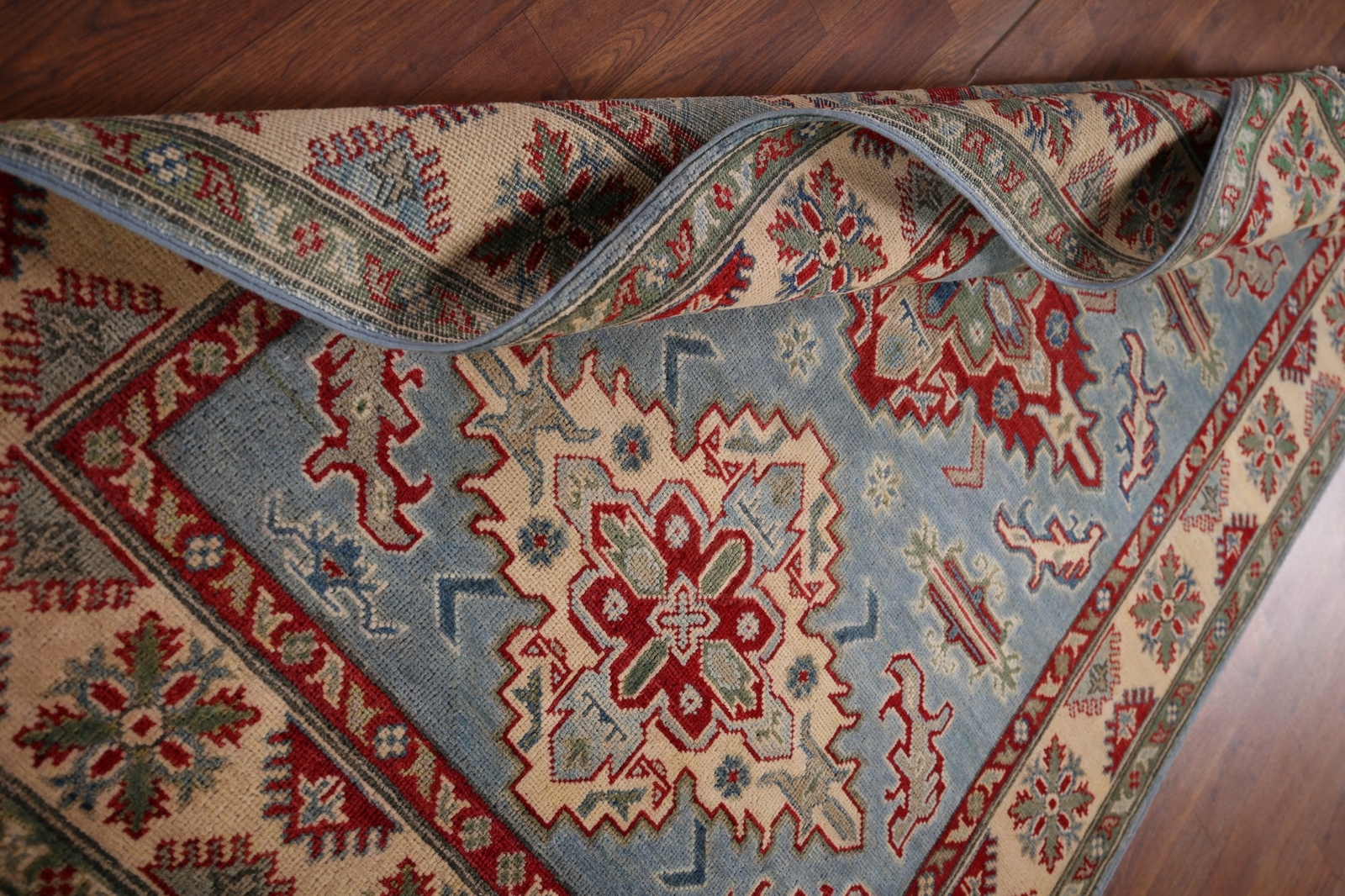 Vibrant Color Geometric Kazak Pakistani Traditional Rug Blue/ Ivory 4×6 ft