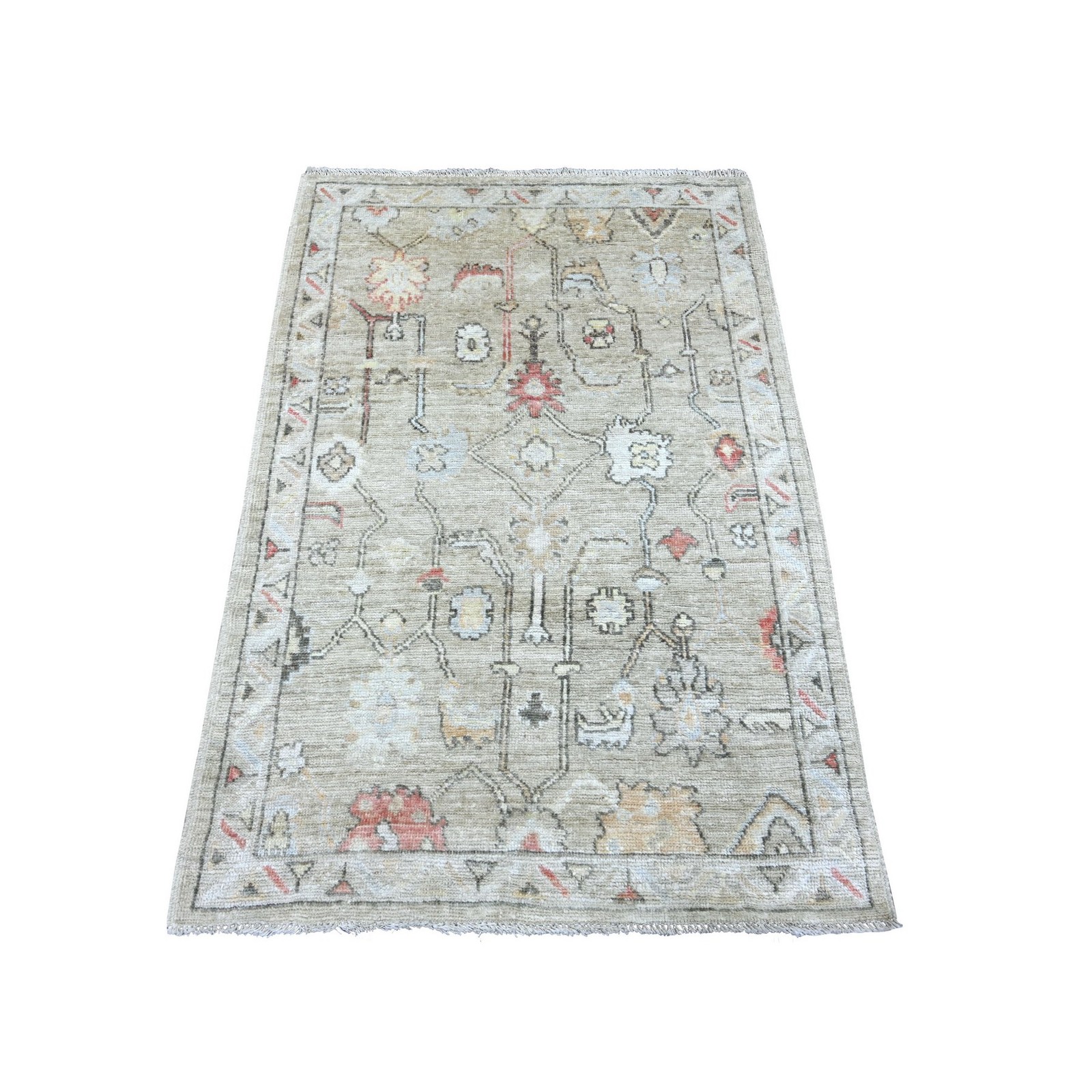 3’3″x5′ Stone Gray Afghan Angora Oushak Vines Design Hand Knotted Wool Rug 22914