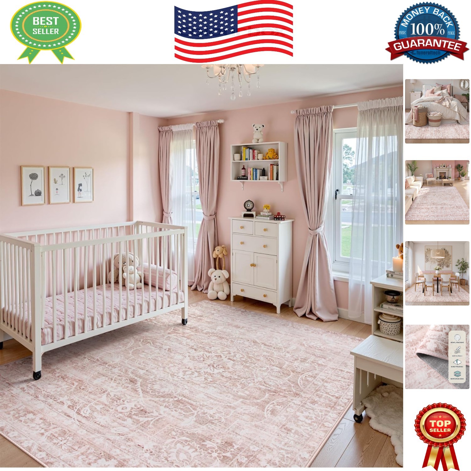 Ultra-Thin Pink Area Rug 5′ x 7′ – Soft Faux Wool for Playrooms & Nurseries