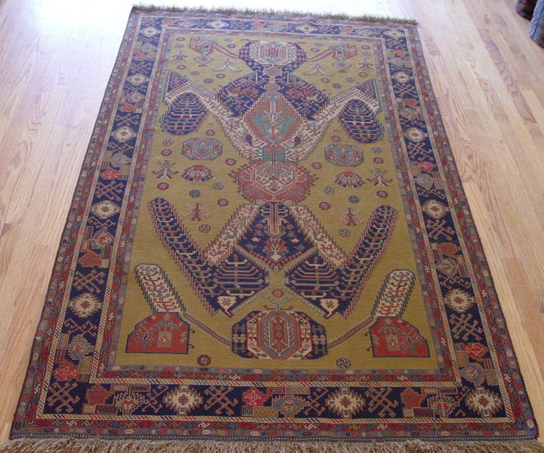 4’4″x7′ Handmade Sumac Kilim Flat Woven 100% Wool Veg. Dyes Dragon Design Rug