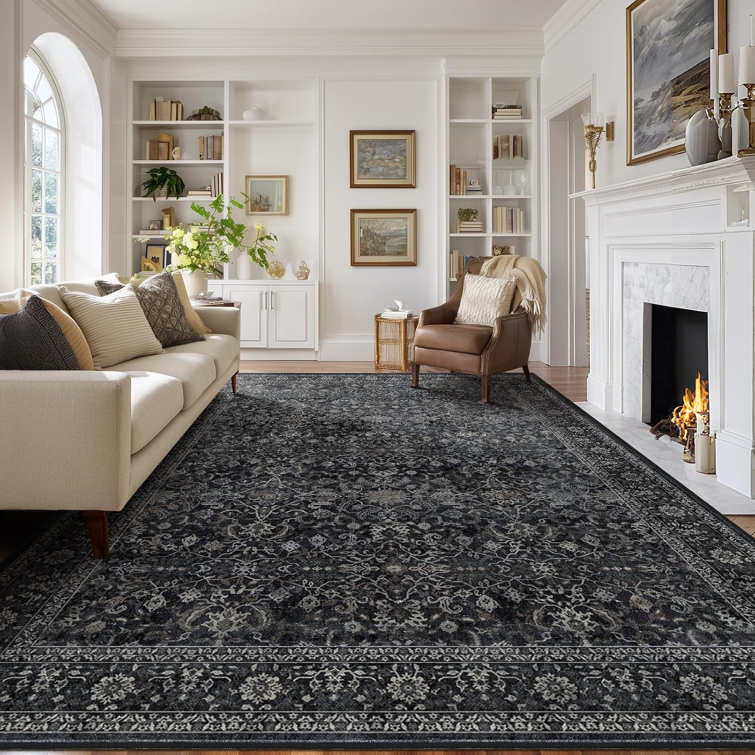 Vintage Charcoal 8×10 Area Rug – Retro Non-Slip Carpet for Home & Office