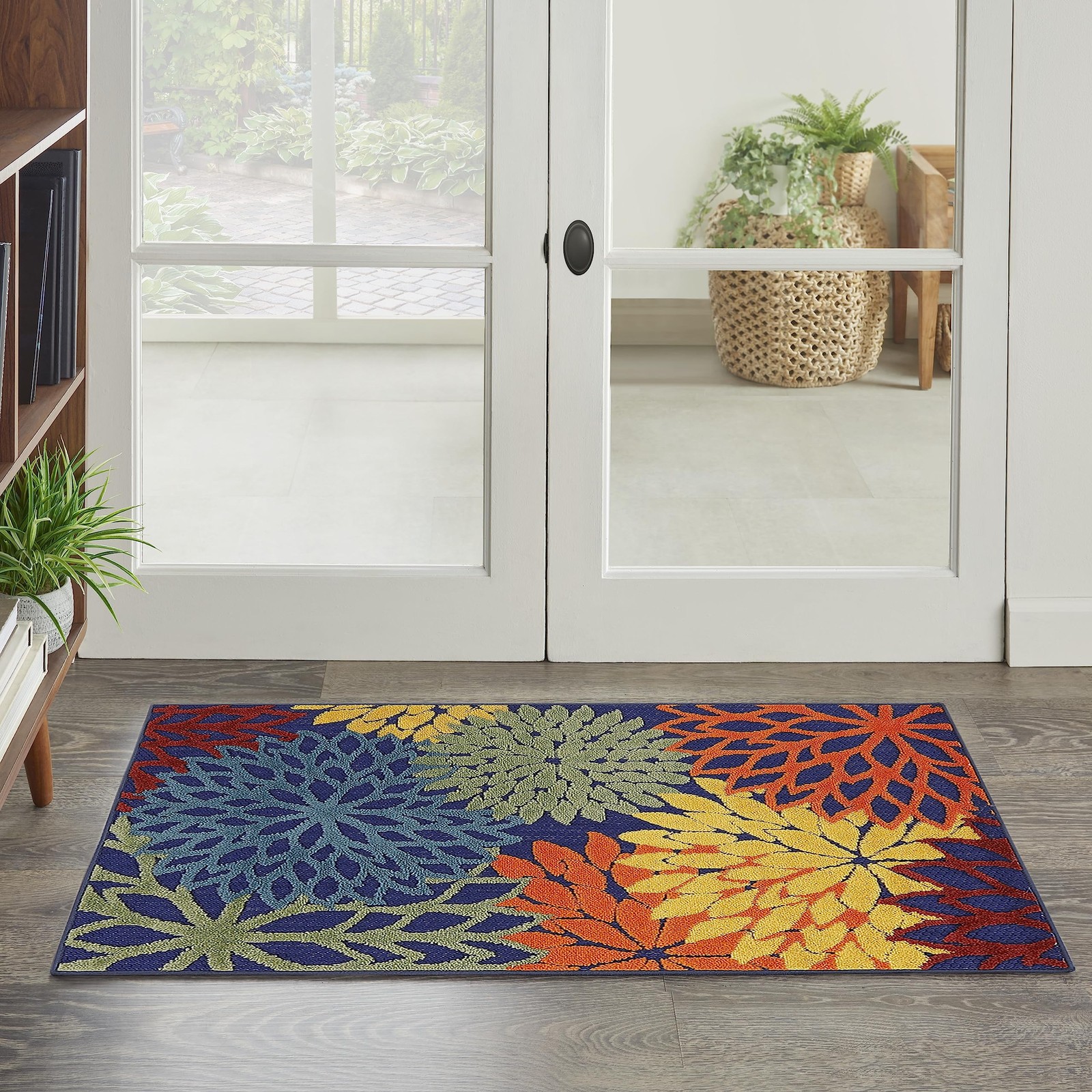 Navy Multicolor Floral Outdoor Rug 28X4 Soft Texture Easy Clean Durable Design