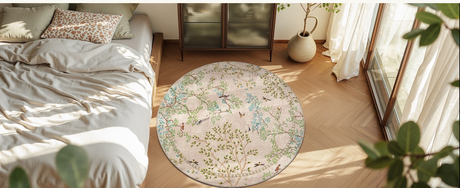 Yarden Round Rugs 5ft Beige Botanical Birds Print Machine Washable 5′ Circle