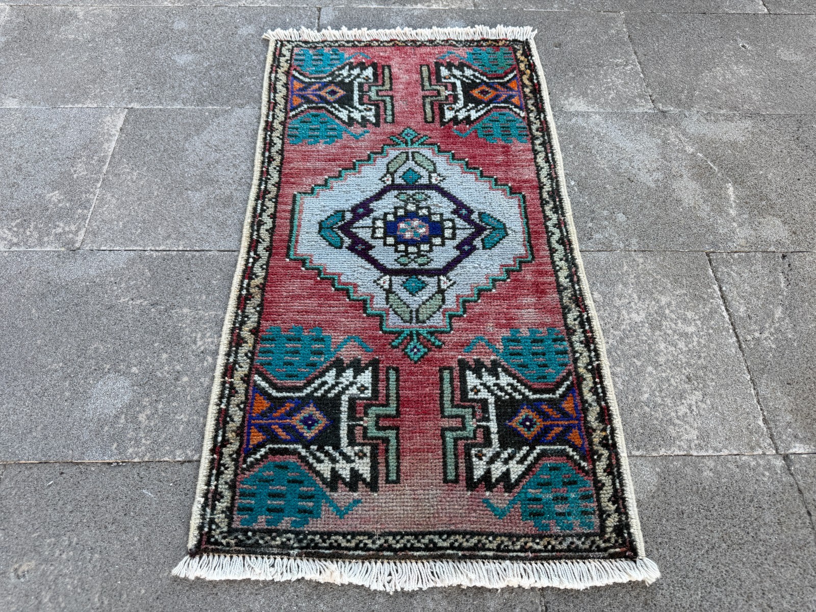 Vintage Turkish Nomadic Rug 1.6×3 ft Pink Teal Primitive Accent Carpet