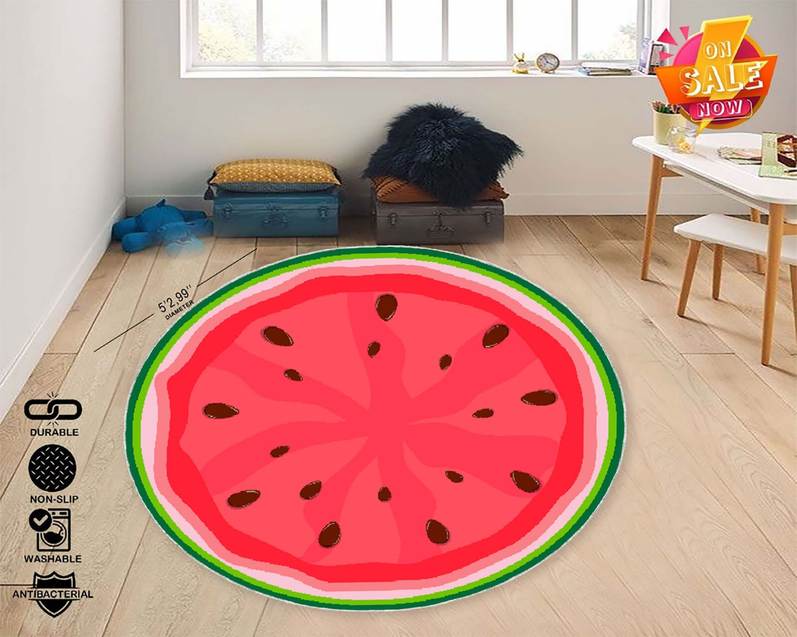 Watermelon Slice Rug, Summer Fruit Decor, Kids Playroom Carpet, Fun Floor Mat