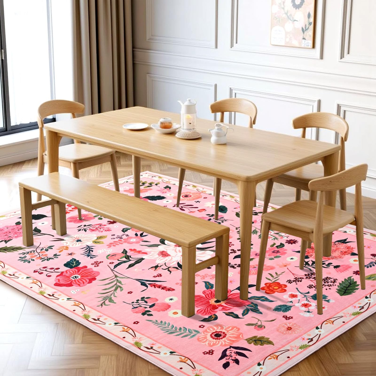 8×10 Pink Floral Area Rug for Living Room,Boho Machine Washable Ultra-Thin Ru…