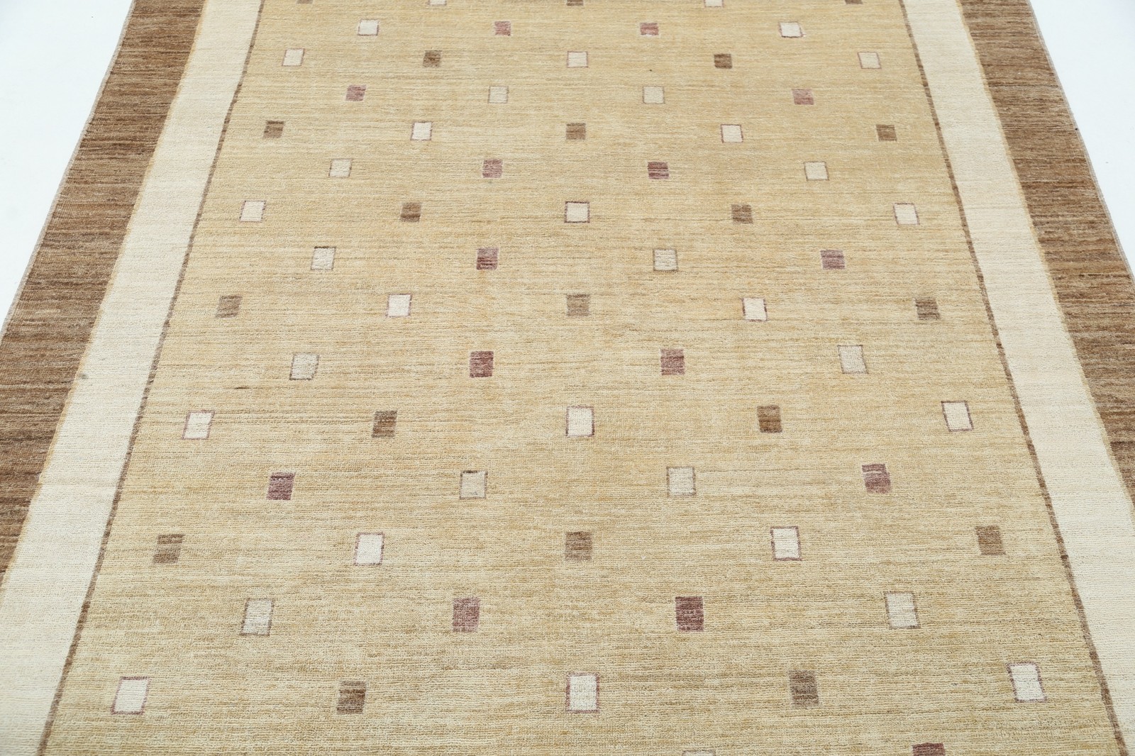 5.7×8 ft Hand Knotted Beige and Taupe Rug. Minimal Geometric Dot Design Carpet